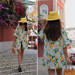 ZARA Lara Lemon Citrus Novelty Print Linen Oversized‎ Shirt Dress Size Medium